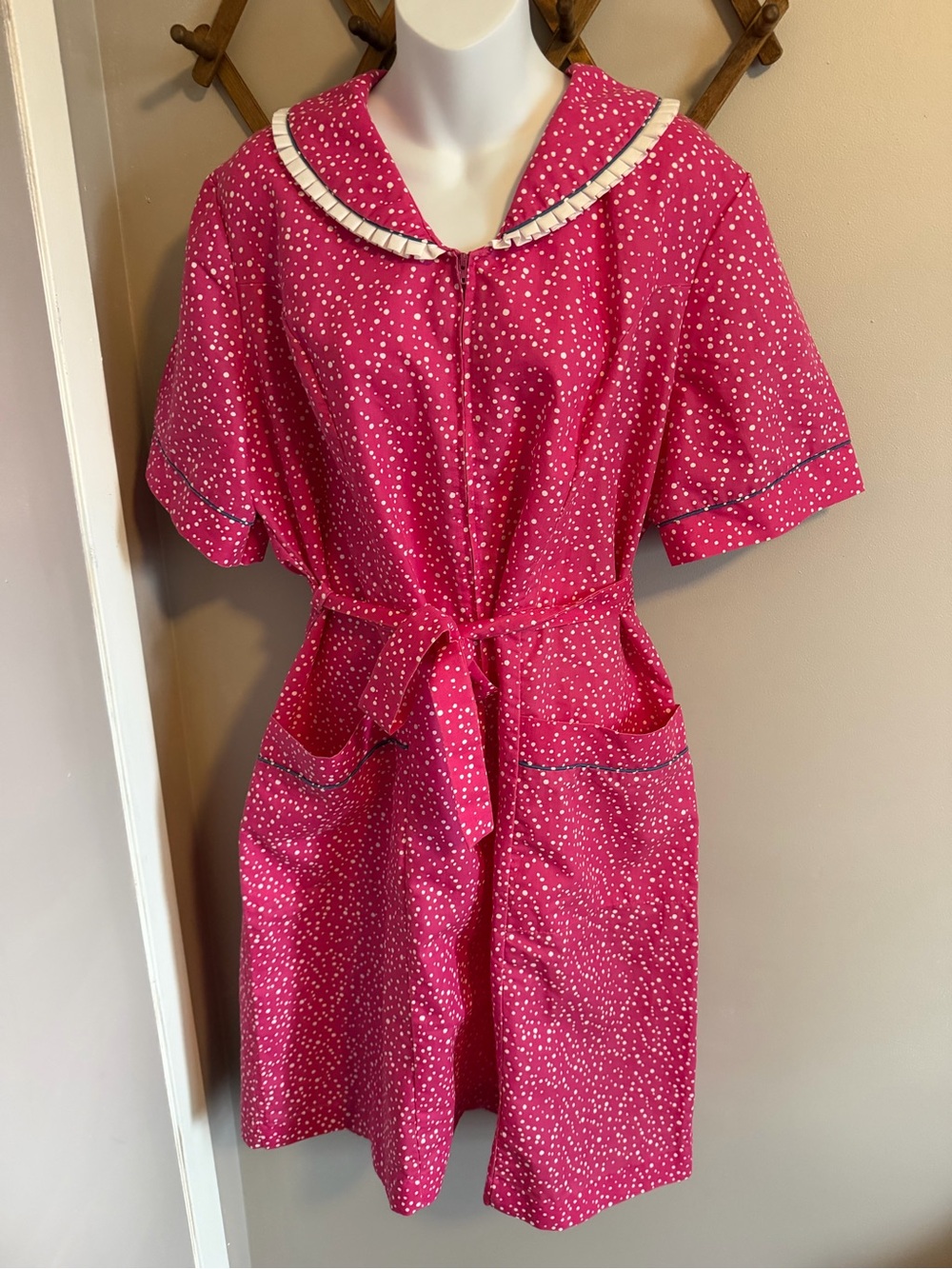 Vintage Zip & Dash Pink Polka Dot Sailor Collar Duster Robe Dress Large